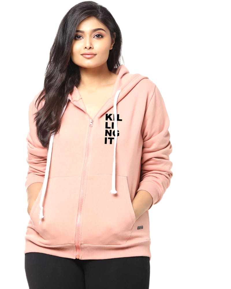 Front of a model wearing a size 6XL Peach "Killing It" Front Zipper Sweatshirt in Peach by Instafab Plus. | dia_product_style_image_id:298323